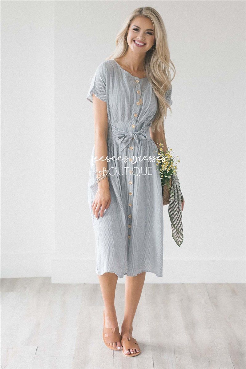 The Christa Modest Dresses vendor-unknown S Charcoal & Ivory Stripes 