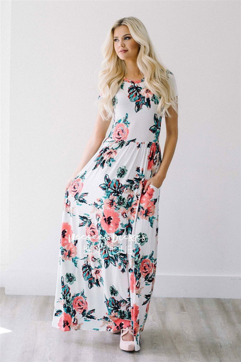 Ivory Watercolor Short Sleeve Maxi Dress Modest Dresses vendor-unknown 
