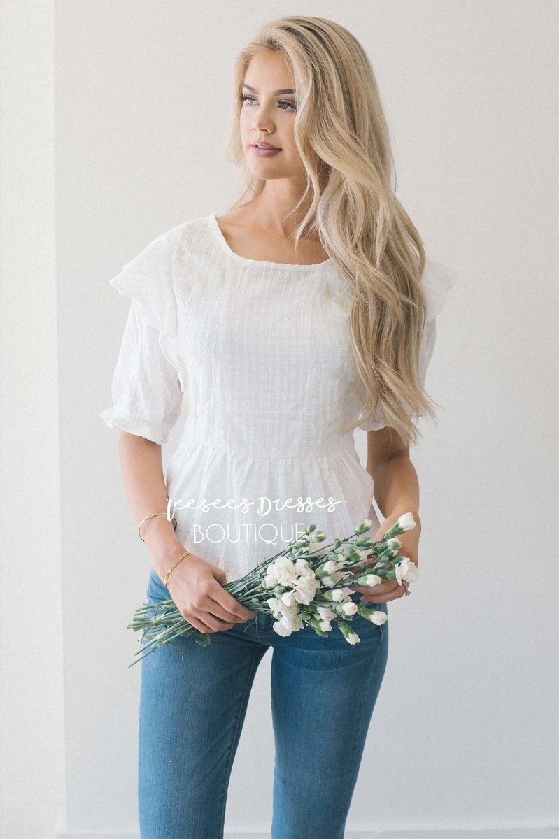Embroidered Peplum Ruffle Sleeve Top Tops vendor-unknown S Ivory 