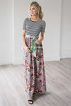 The Gabby Modest Dresses vendor-unknown S Black & White Stripes/ Dusty Lilac Floral