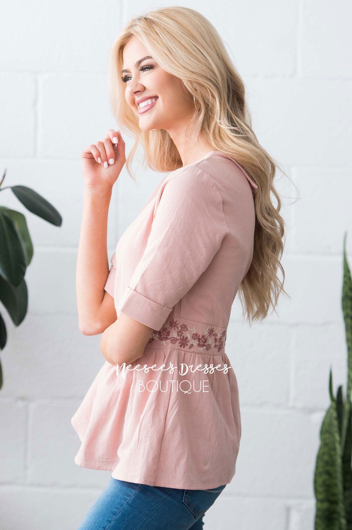 Peplum Embroidered Baby Doll Top Modest Dresses vendor-unknown 