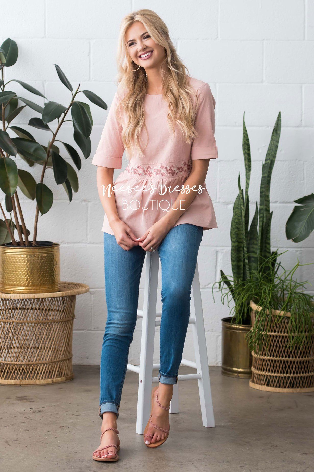 Peplum Embroidered Baby Doll Top Modest Dresses vendor-unknown 