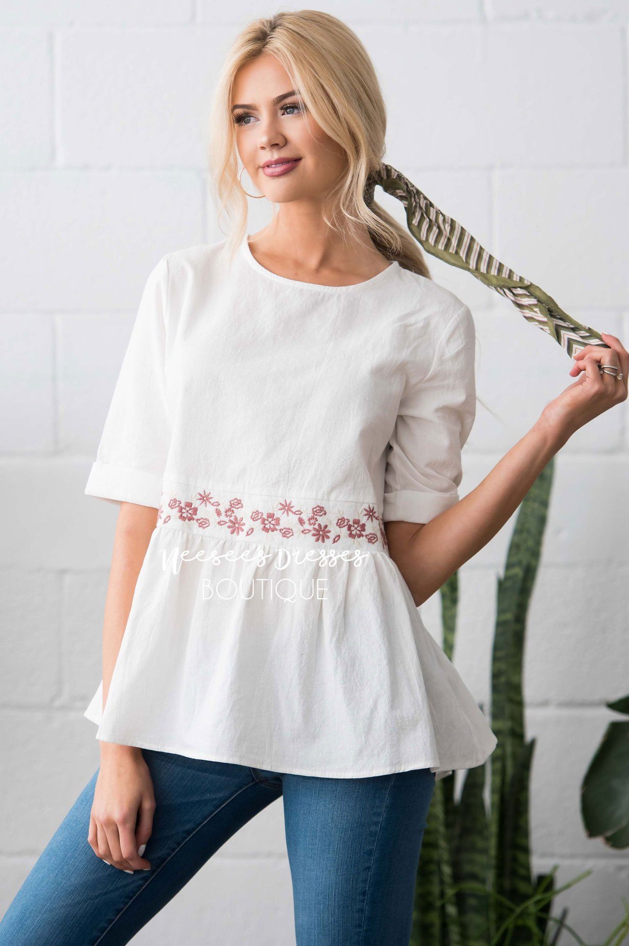 Peplum Embroidered Baby Doll Top Modest Dresses vendor-unknown 