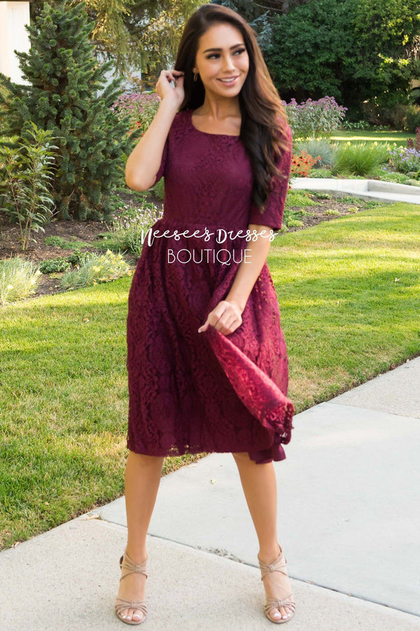 Burgundy Lace Modest Dress | Modest Bridesmaids Dresses with Sleeves ...