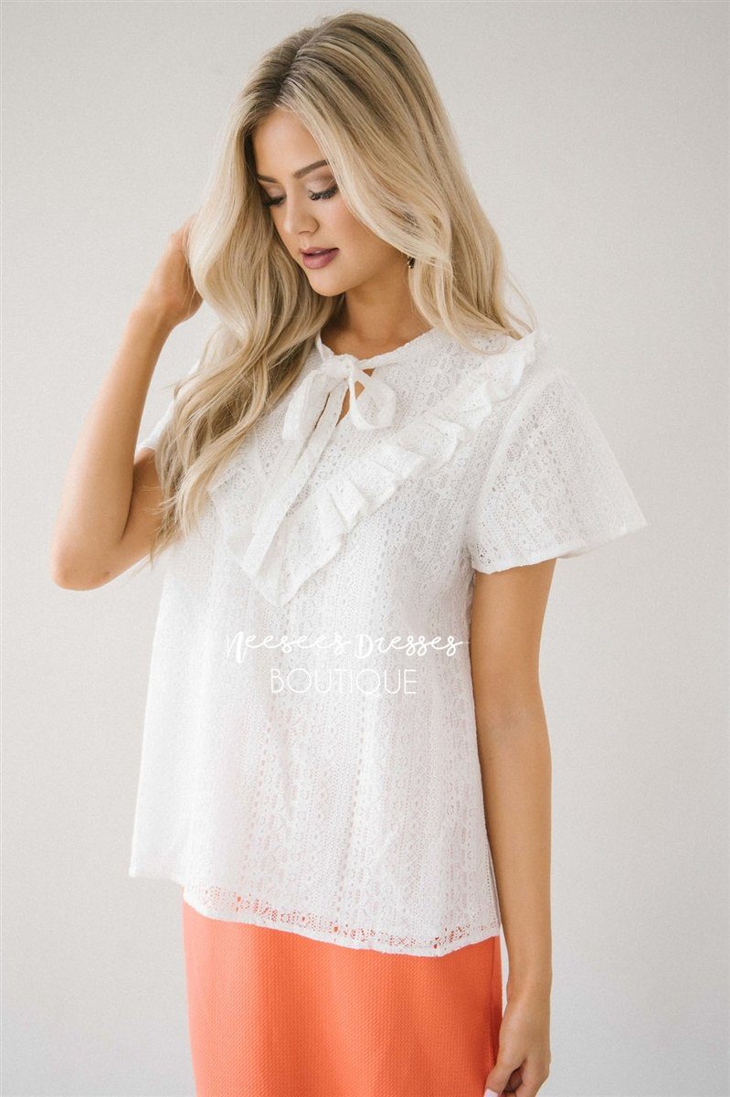 Ivory Lace & Ruffle Neck Tie Top Tops vendor-unknown Ivory S 