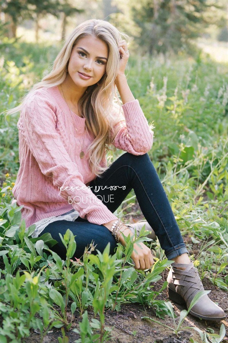 Scallop Lace Hem Cable Knit Sweater Tops vendor-unknown 