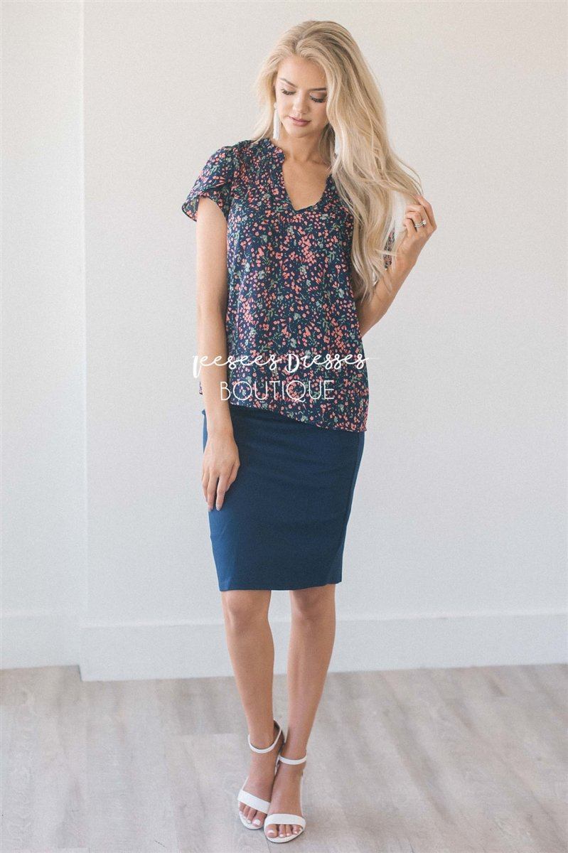 Shirred Tulip Sleeve Top Tops vendor-unknown Navy Floral XS 