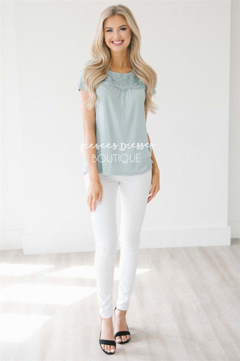 Lace Trim Short Sleeve Top Tops vendor-unknown XS Dusty Sage 