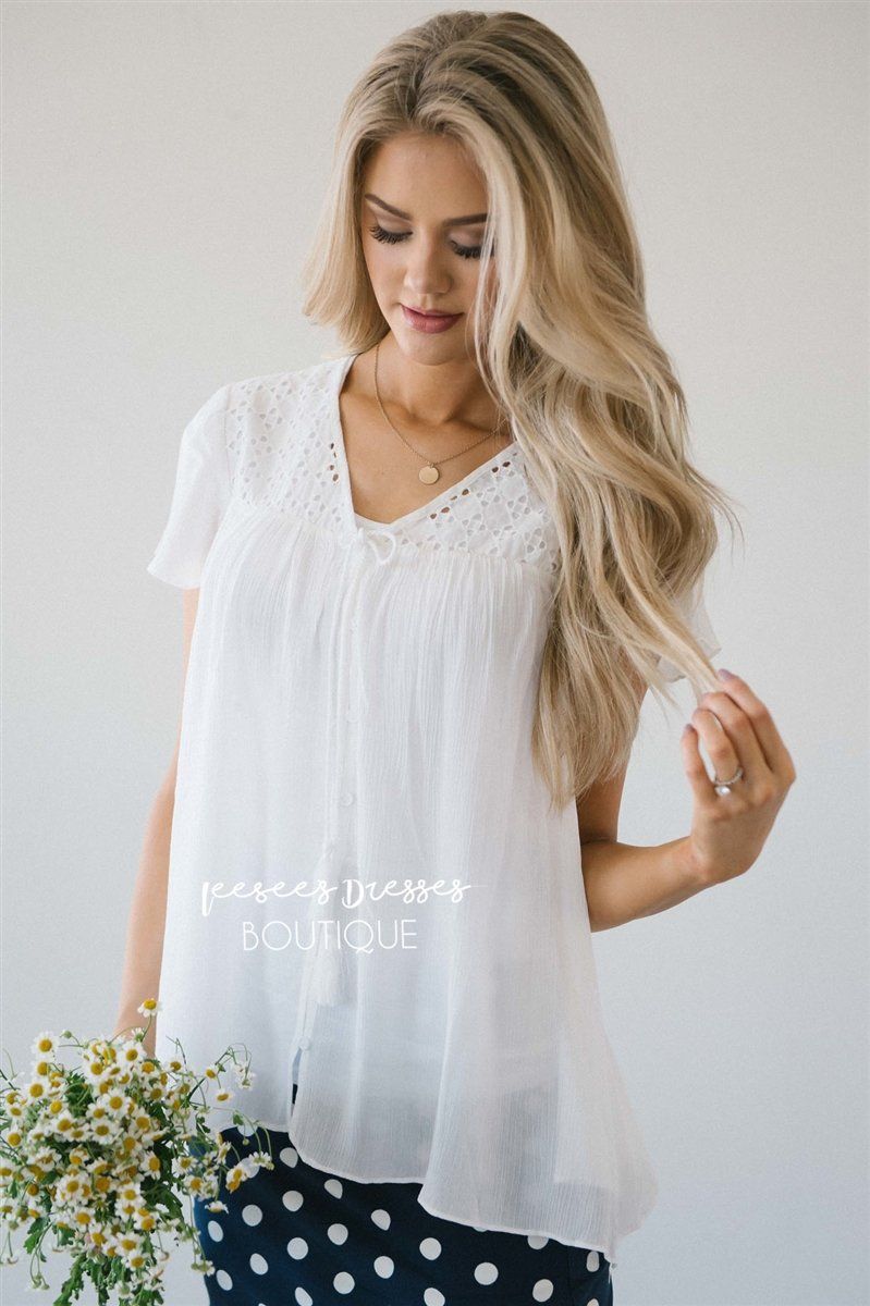 Eyelet Trim Tassel Drawstring Top Tops vendor-unknown Ivory XS 