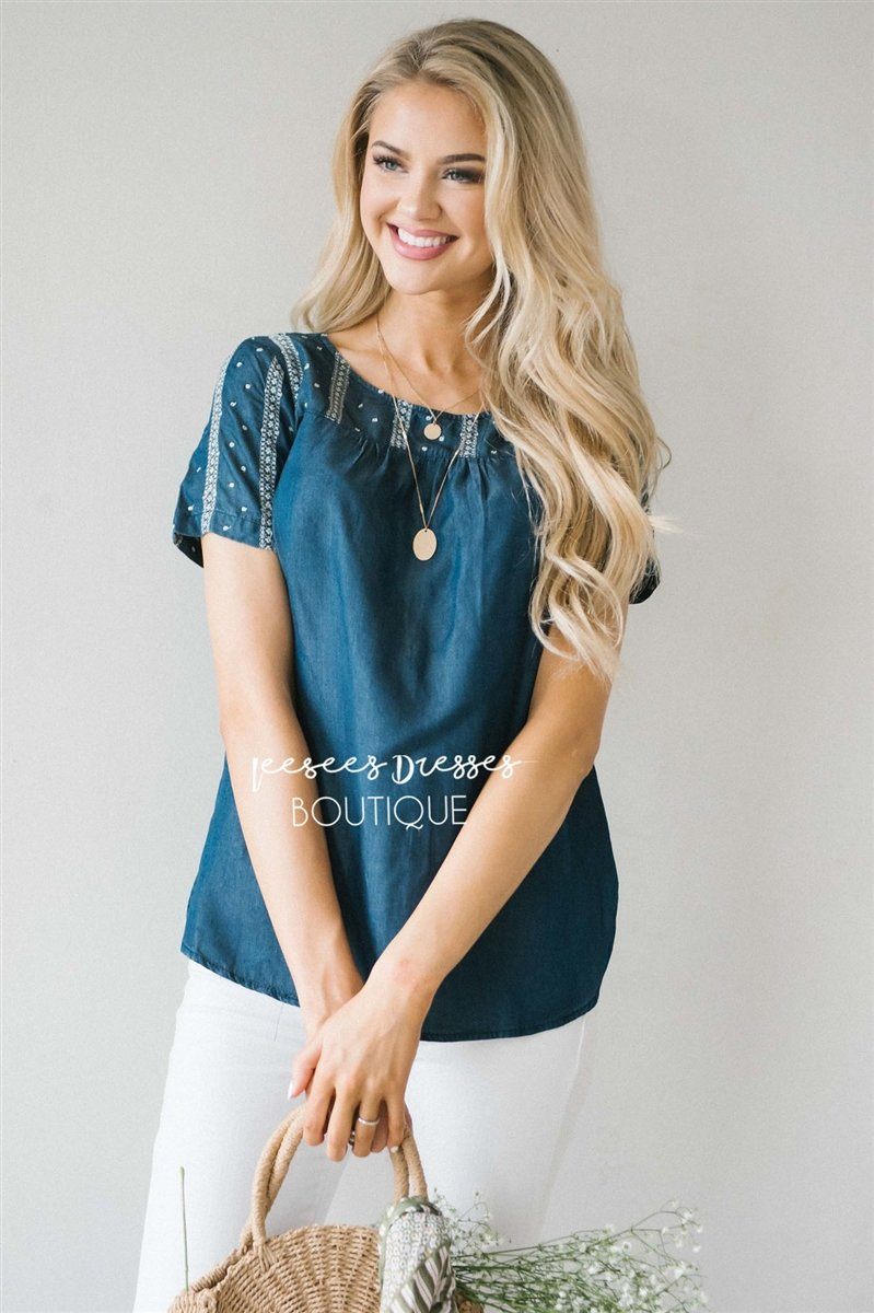 Embroidered Chambray Top Tops vendor-unknown XS Dark Chambray 