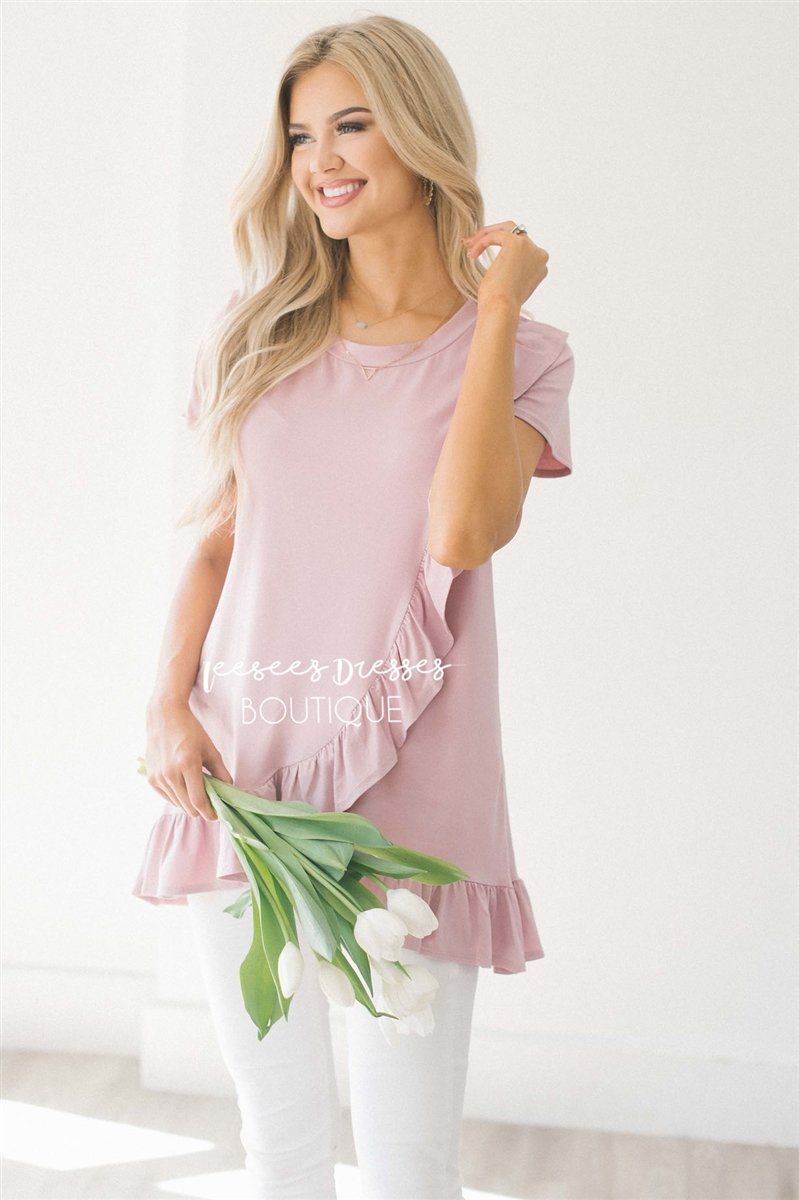 Asymmetric Ruffle Hem Tunic Tops vendor-unknown 