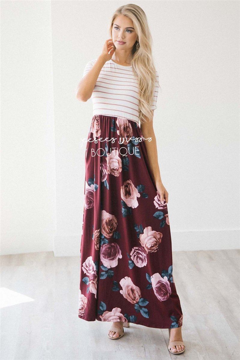 The Sasha Modest Dresses vendor-unknown S Dusty Pink Stripes/ Wine Floral 