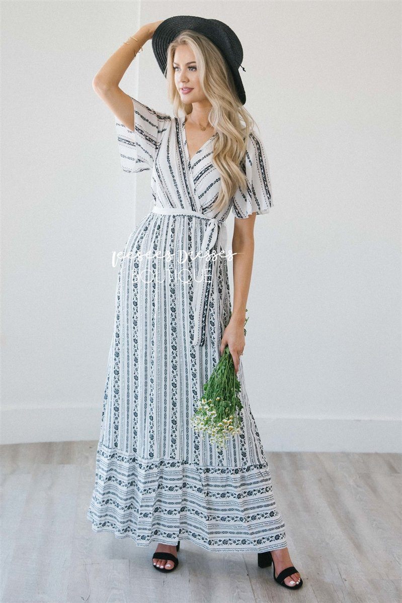 The Shaena Modest Dresses vendor-unknown S Black & Ivory Dotted Floral Stripes 