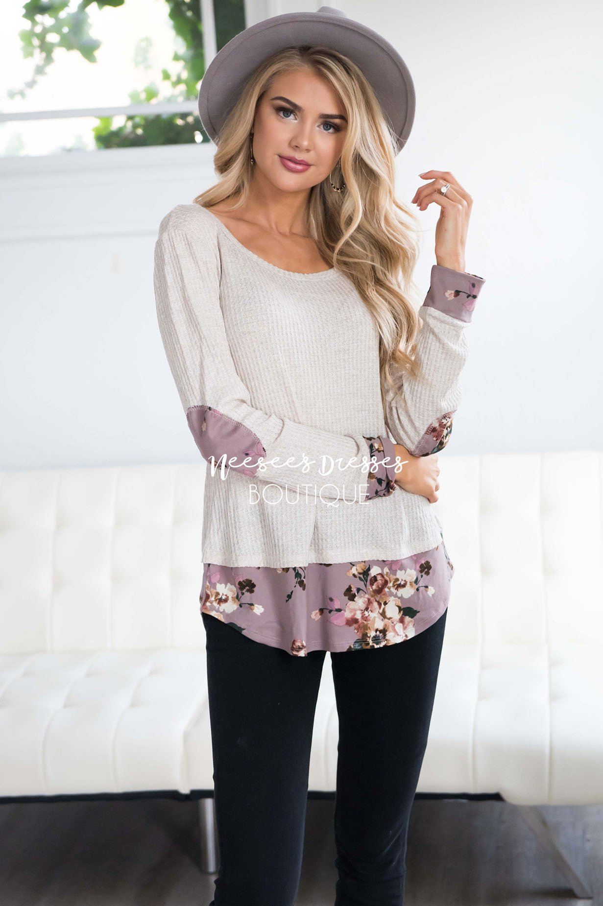 Floral Elbow Patch Chiffon Hem Top Tops vendor-unknown 