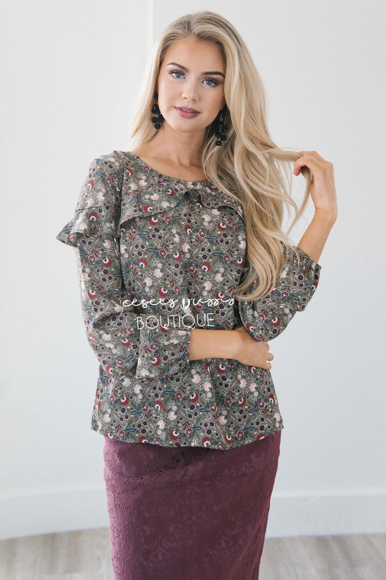 Fall Floral Long Sleeve Ruffle Blouse Modest Dresses vendor-unknown 