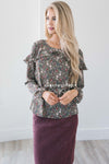 Fall Floral Long Sleeve Ruffle Blouse Modest Dresses vendor-unknown