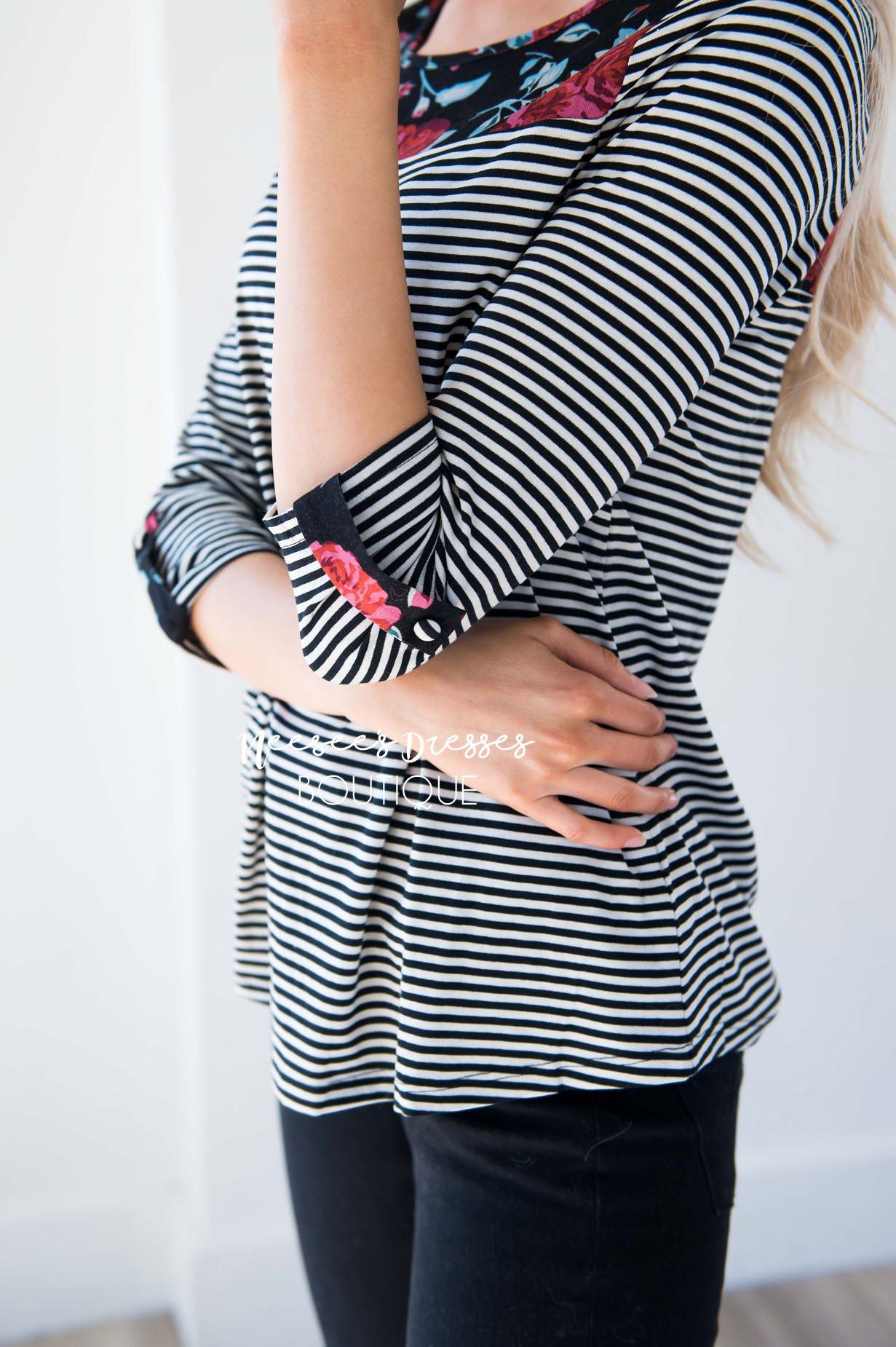 Hidden Treasure Floral & Stripes Top Tops vendor-unknown 