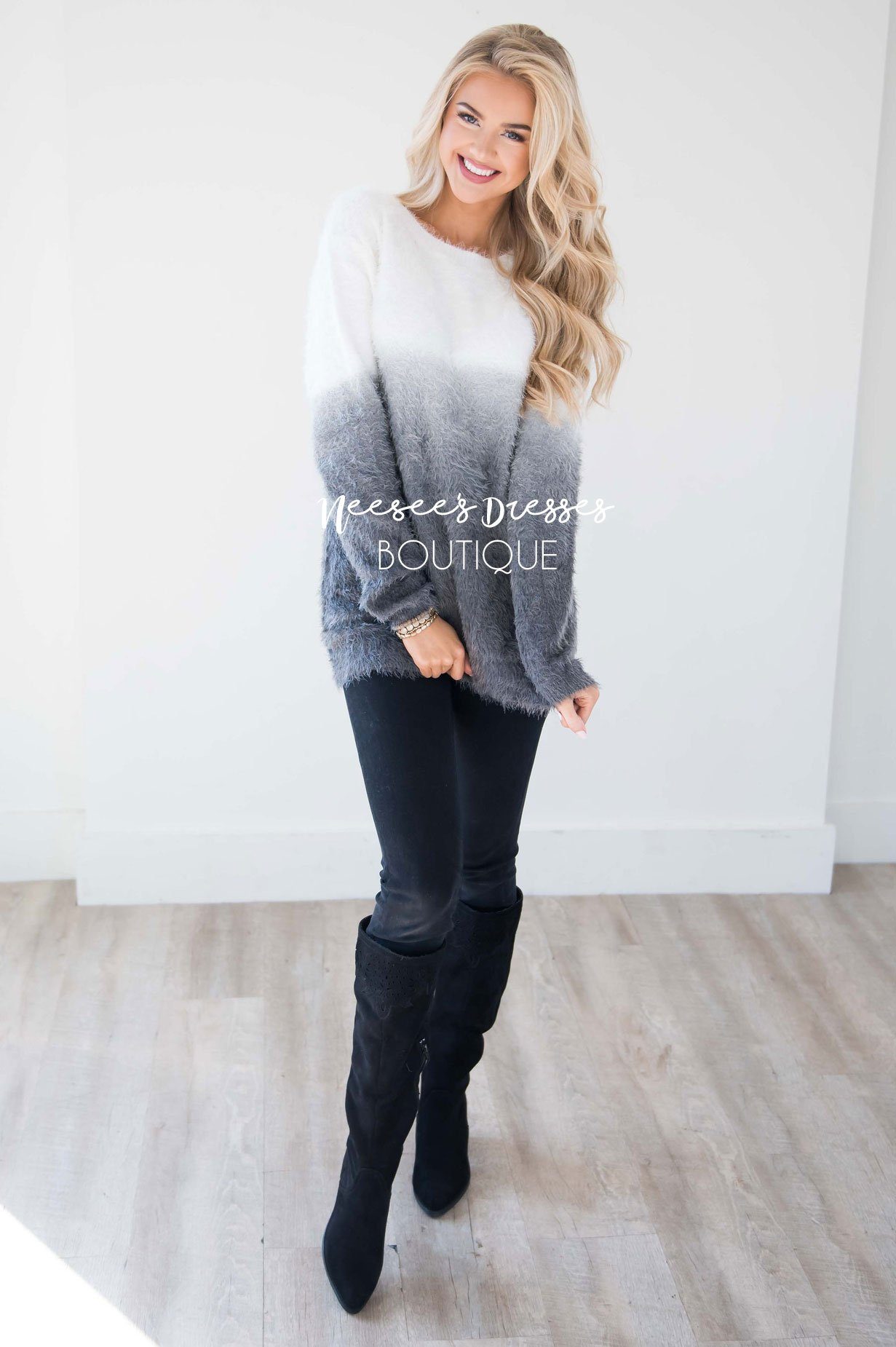 Dip-Dye Fuzzy Sweater Tops vendor-unknown 