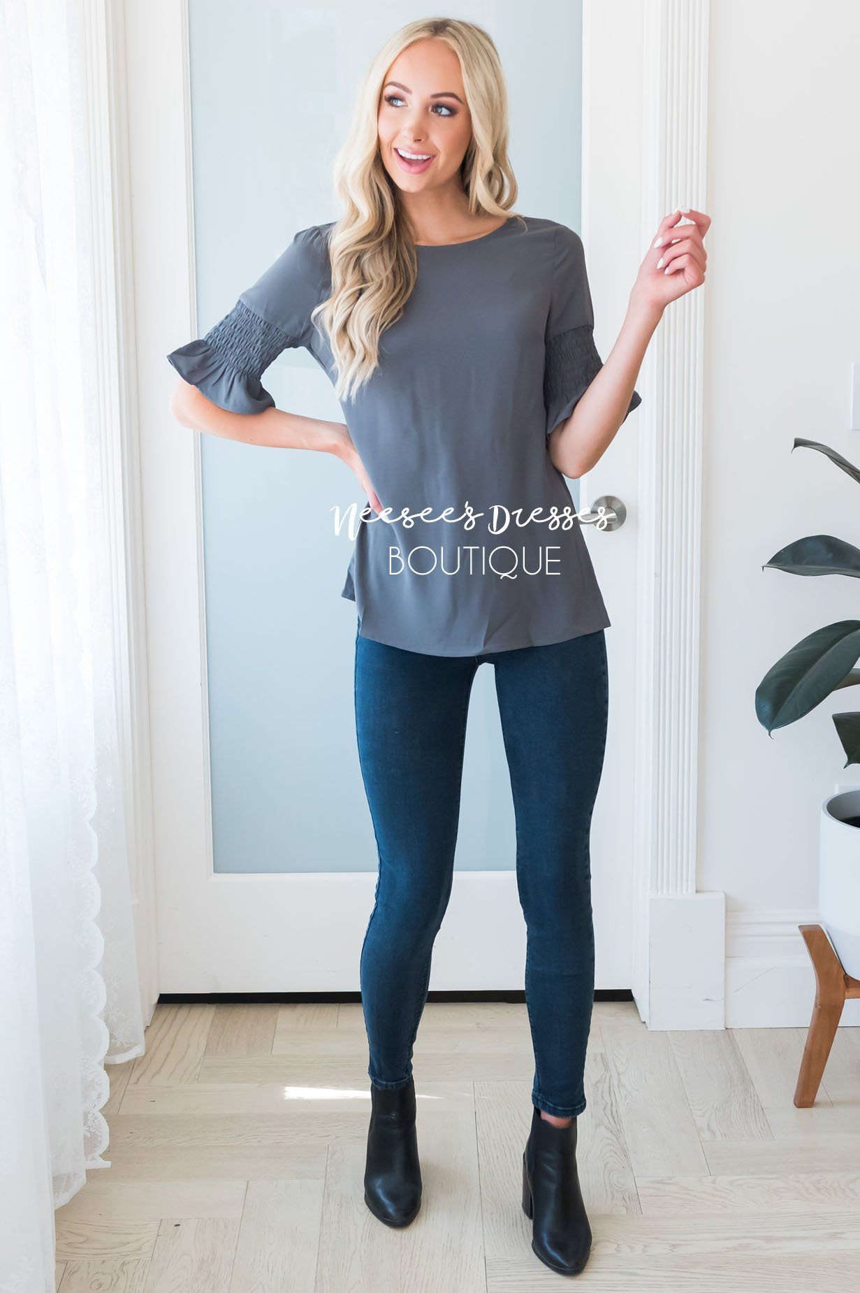 Something New Gathered Sleeve Top Modest Dresses vendor-unknown 