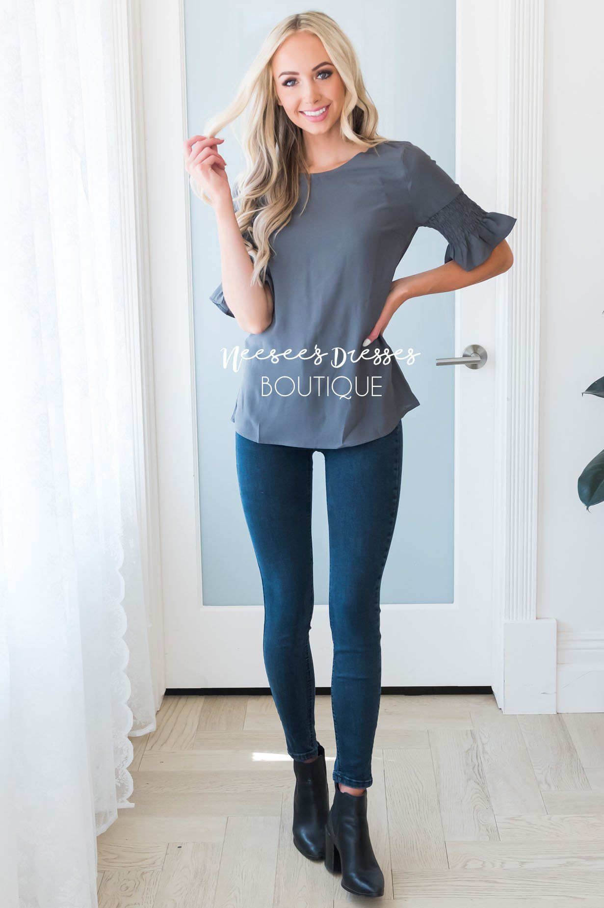 Something New Gathered Sleeve Top Modest Dresses vendor-unknown 