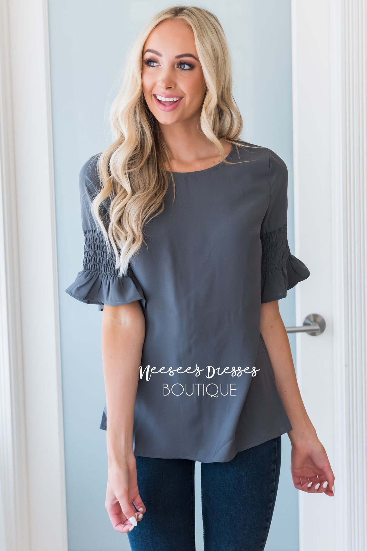 Something New Gathered Sleeve Top Modest Dresses vendor-unknown 