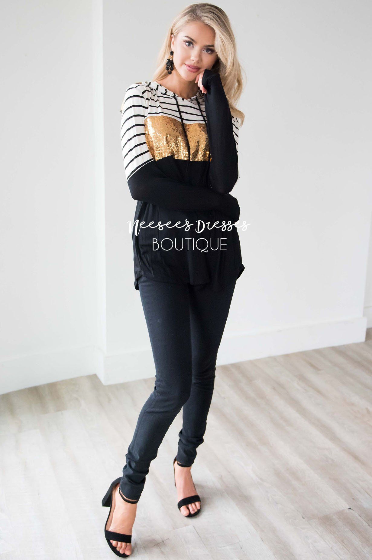 Striped Sequin Color Block Hoodie Tops vendor-unknown 