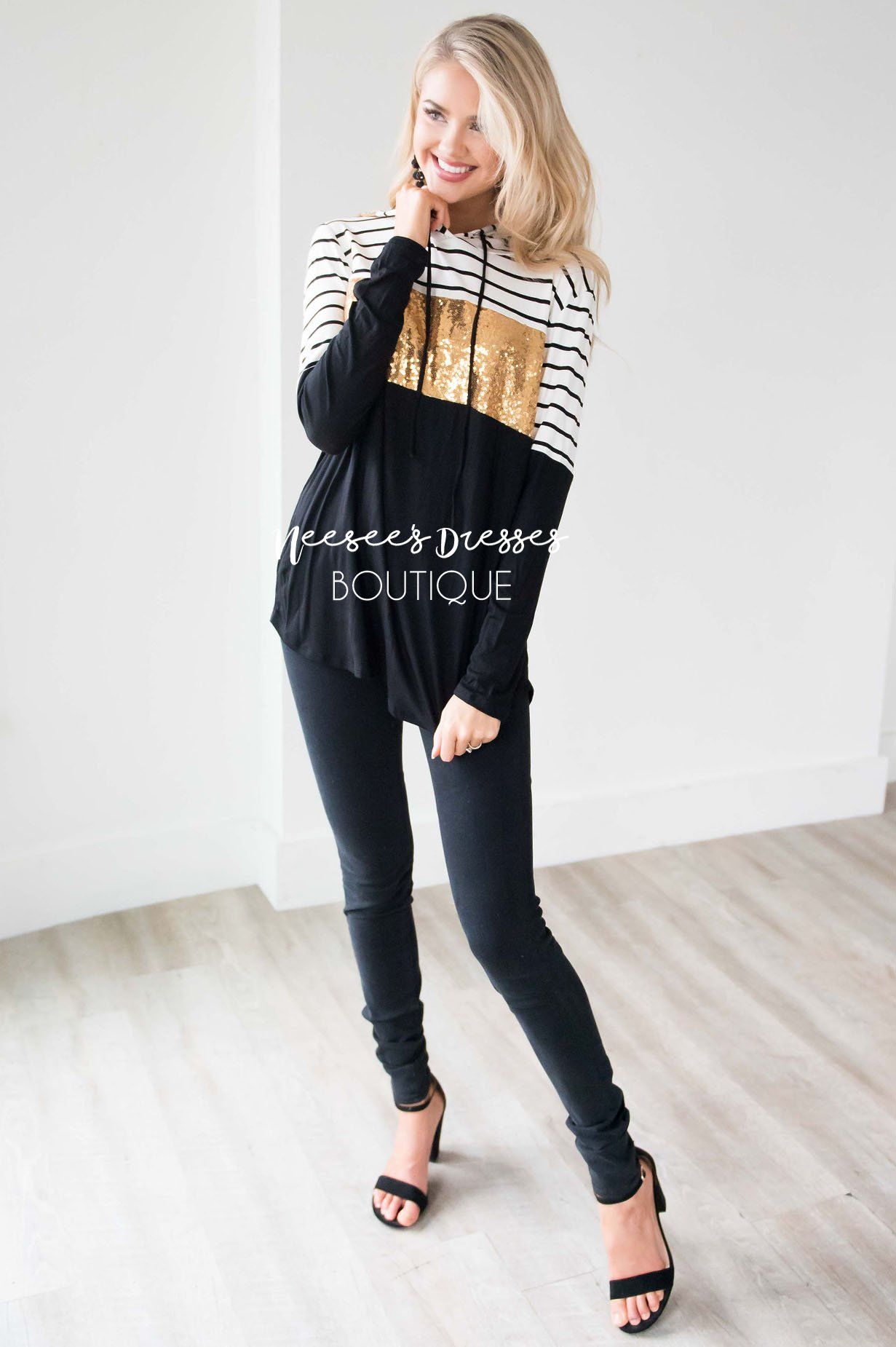 Striped Sequin Color Block Hoodie Tops vendor-unknown 