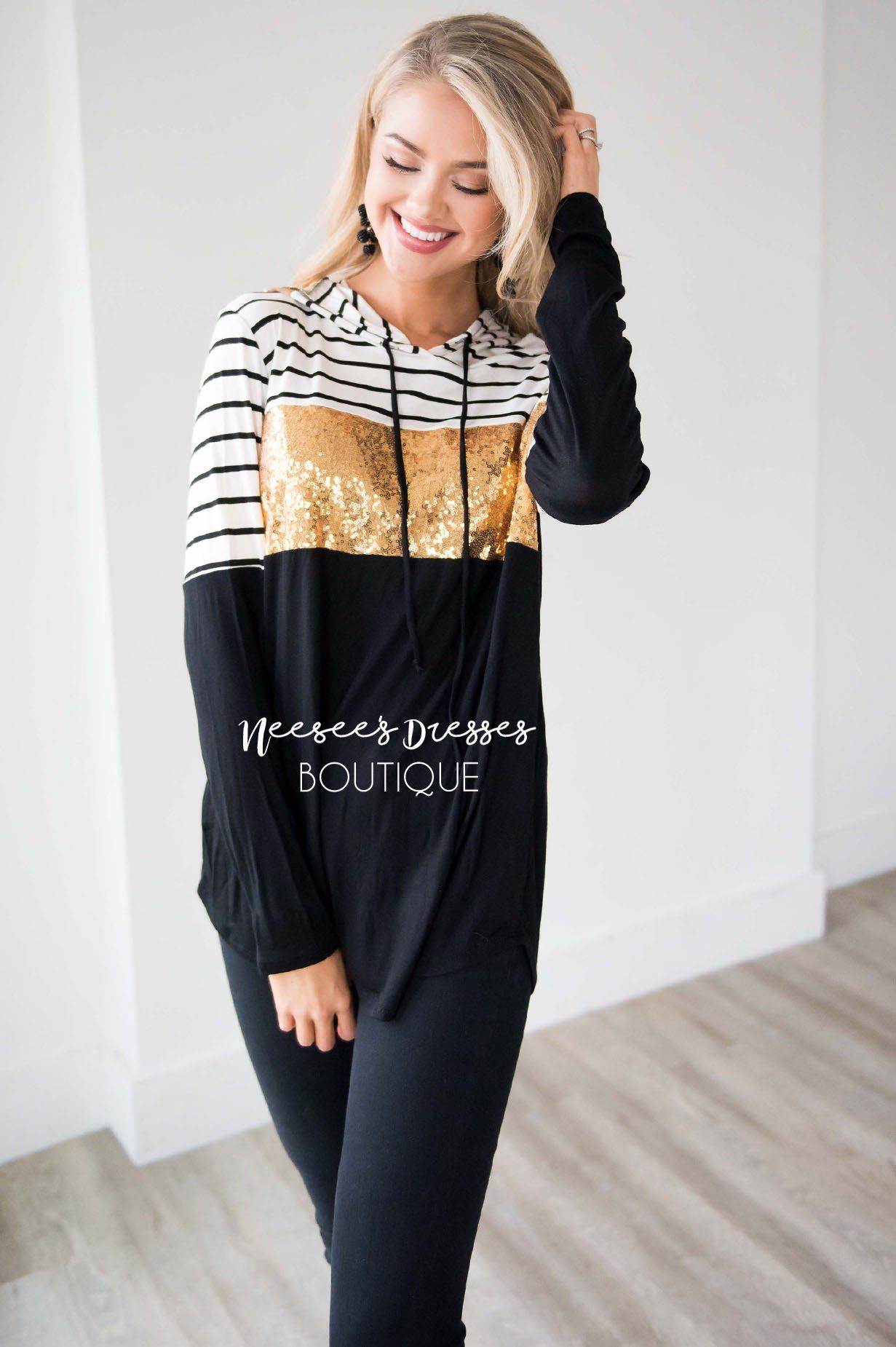 Striped Sequin Color Block Hoodie Tops vendor-unknown 