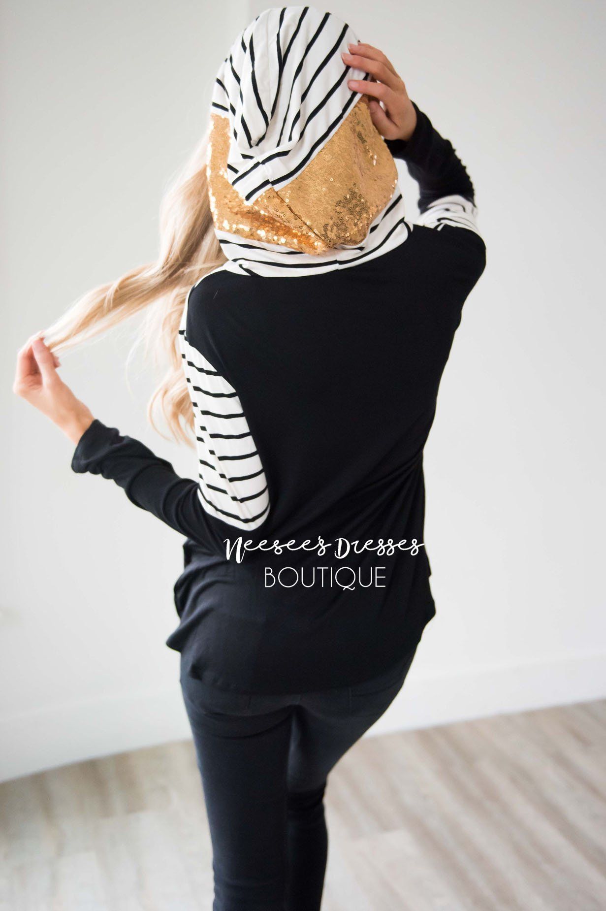 Striped Sequin Color Block Hoodie Tops vendor-unknown 