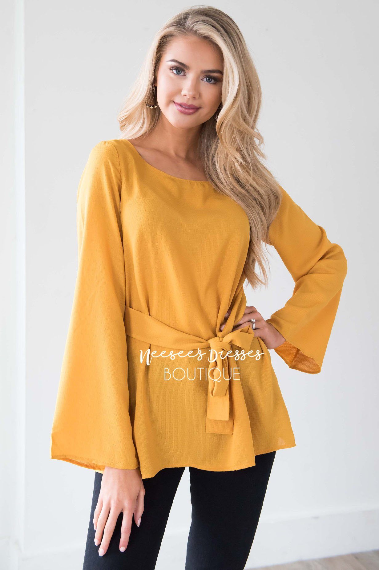 Bell Sleeve Tie Waist Blouse Tops vendor-unknown 