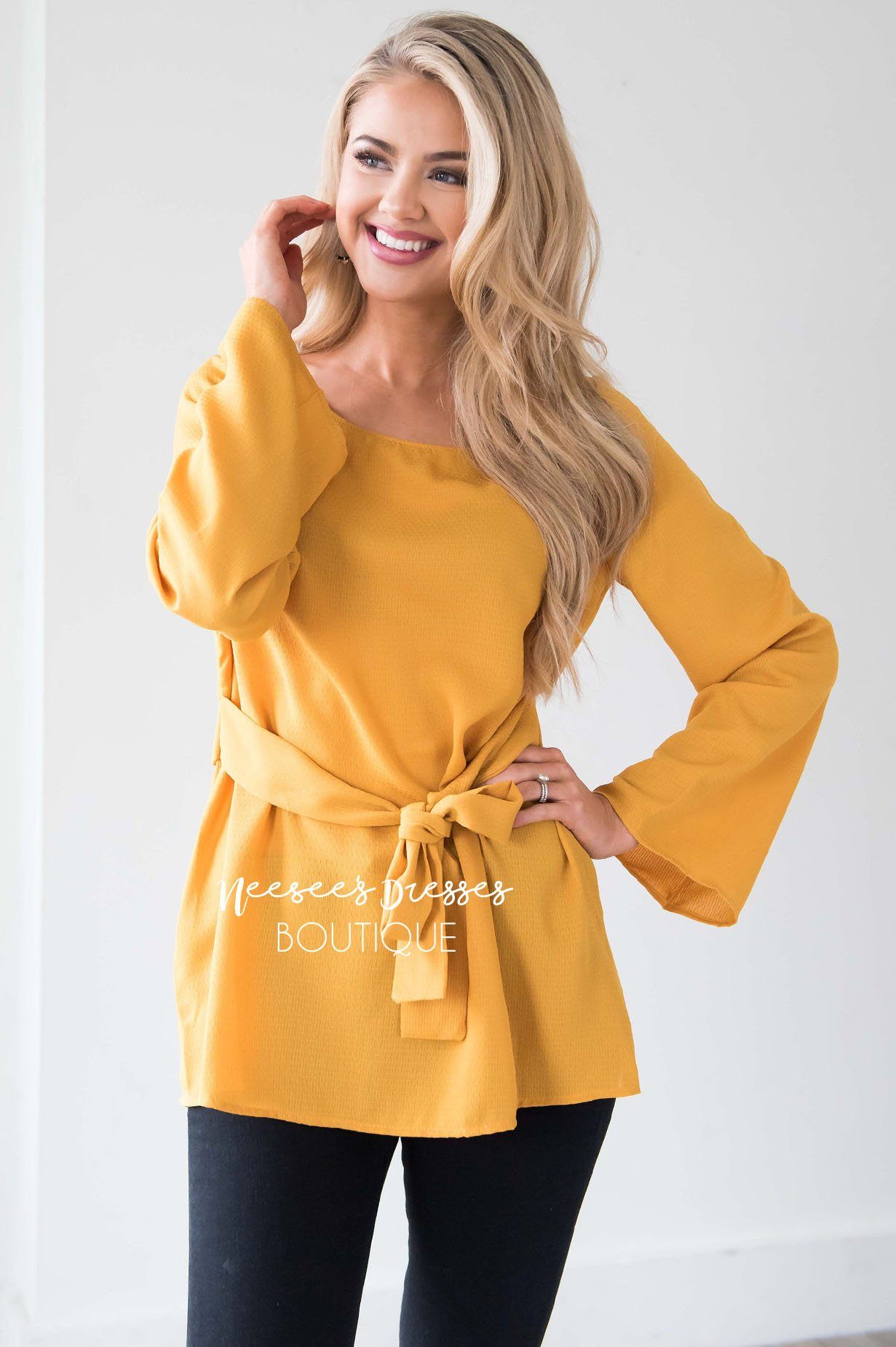 Bell Sleeve Tie Waist Blouse Tops vendor-unknown 