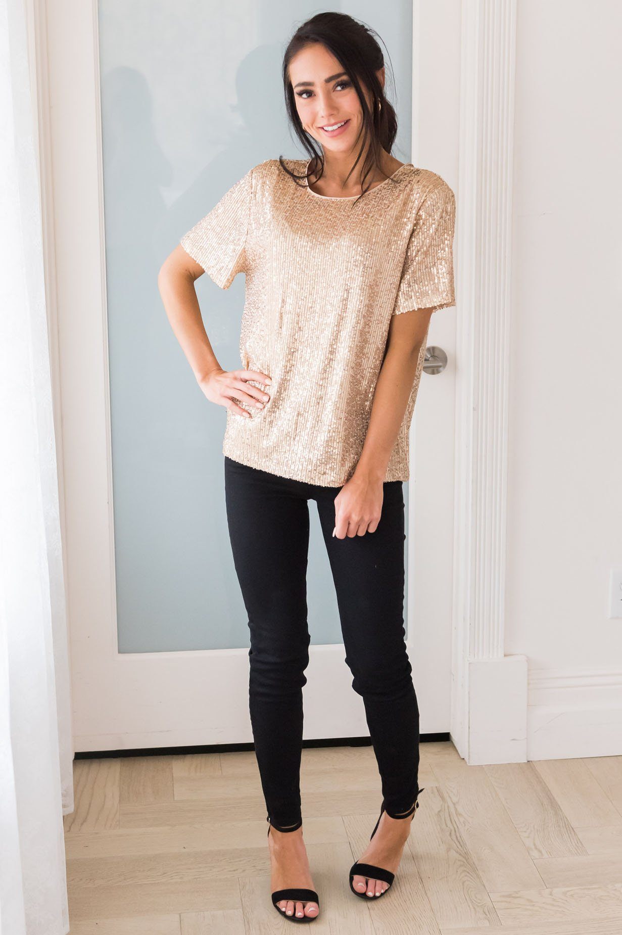 Love Actually Modest Sequin Blouse Tops vendor-unknown 