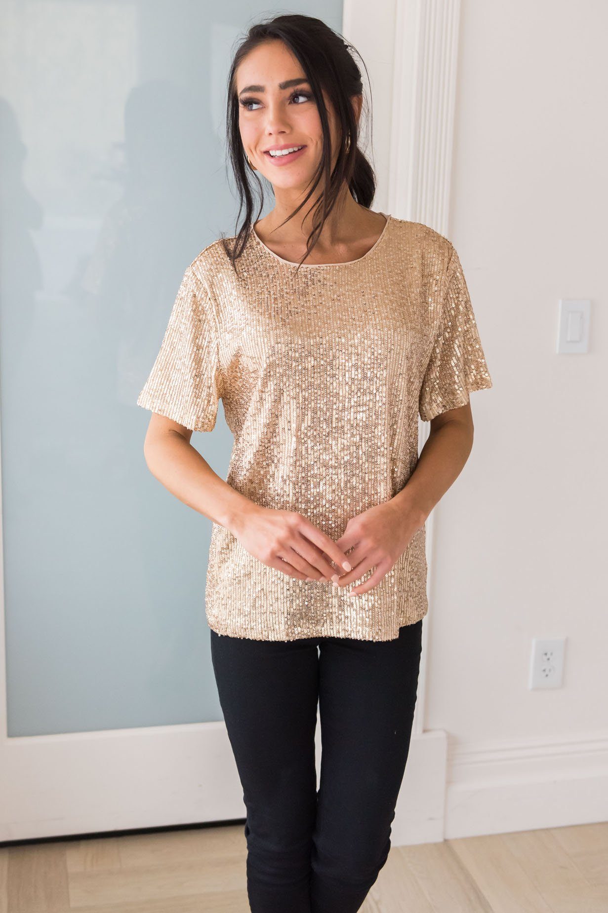 Love Actually Modest Sequin Blouse Tops vendor-unknown 