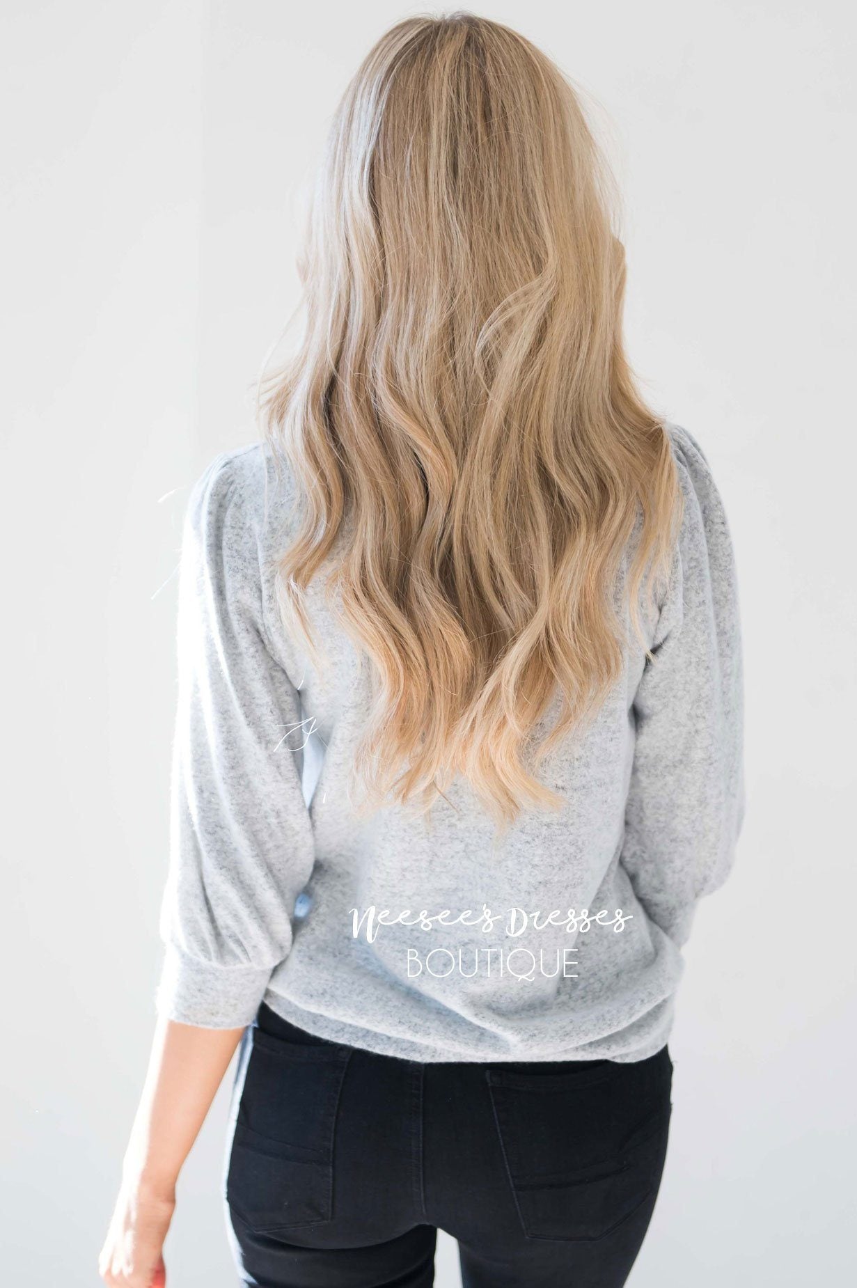 Soft Light Gray Puff Sleeve Sweater Tops vendor-unknown 