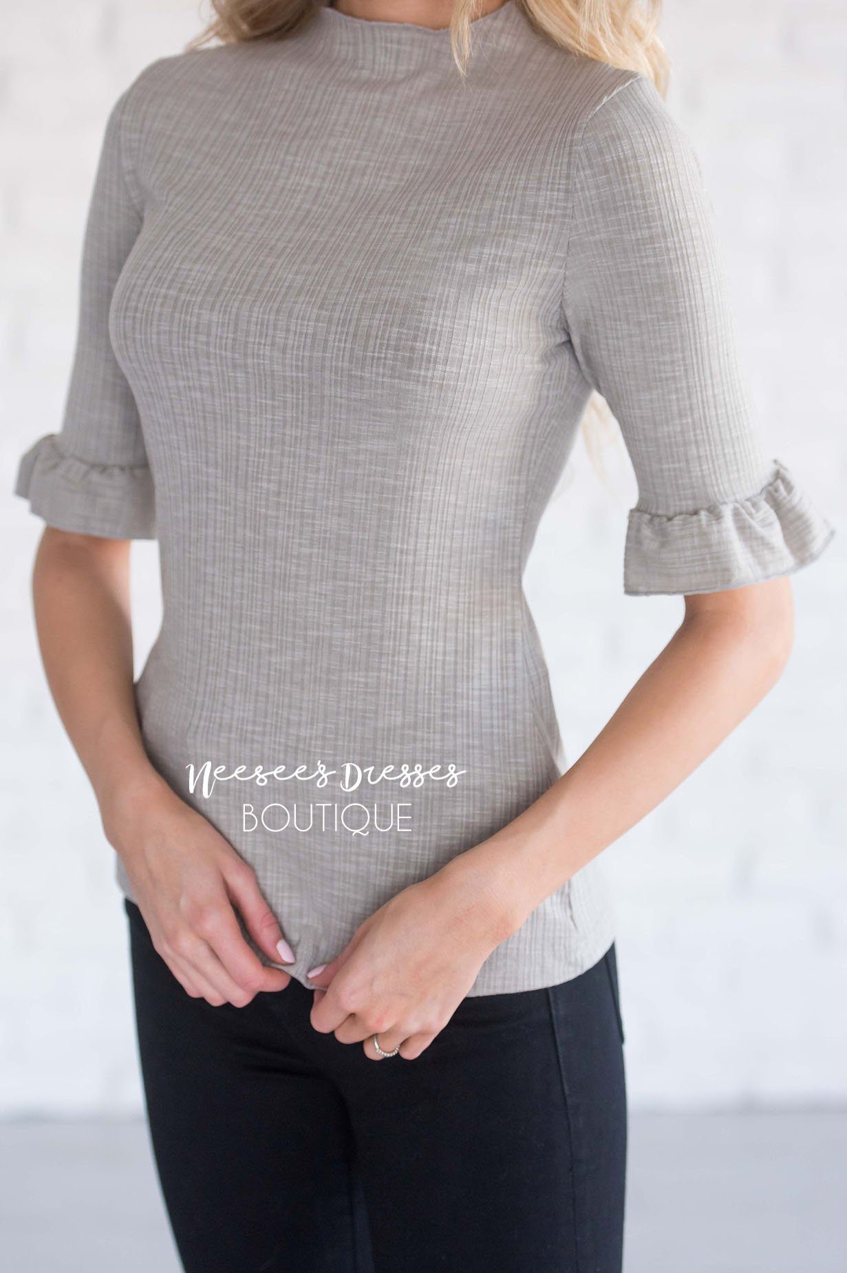 Ribbed High Neck Bell Sleeve Top Tops vendor-unknown 