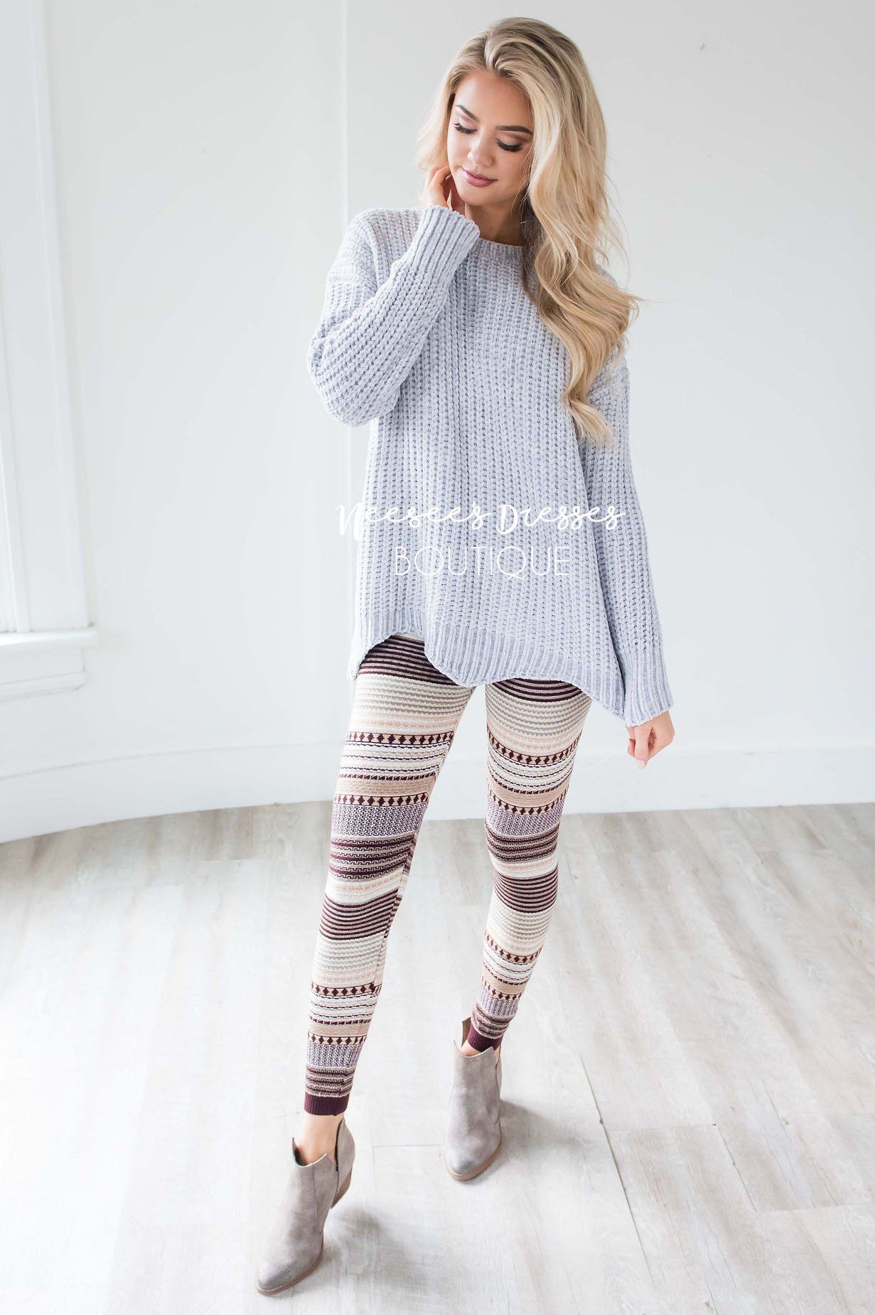 Burgundy Stretch Printed Leggings, Affordable Trendy and Modest Clothing
