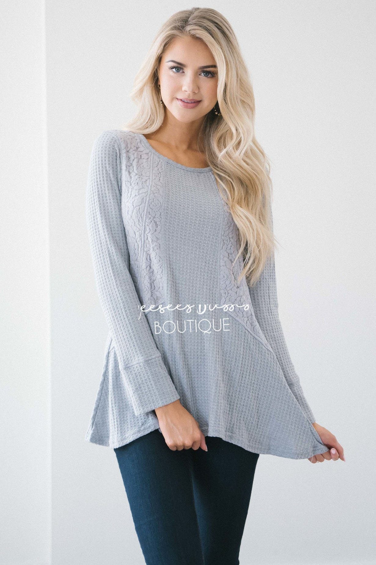 Gray Thermal Lace Insert Top Tops vendor-unknown 