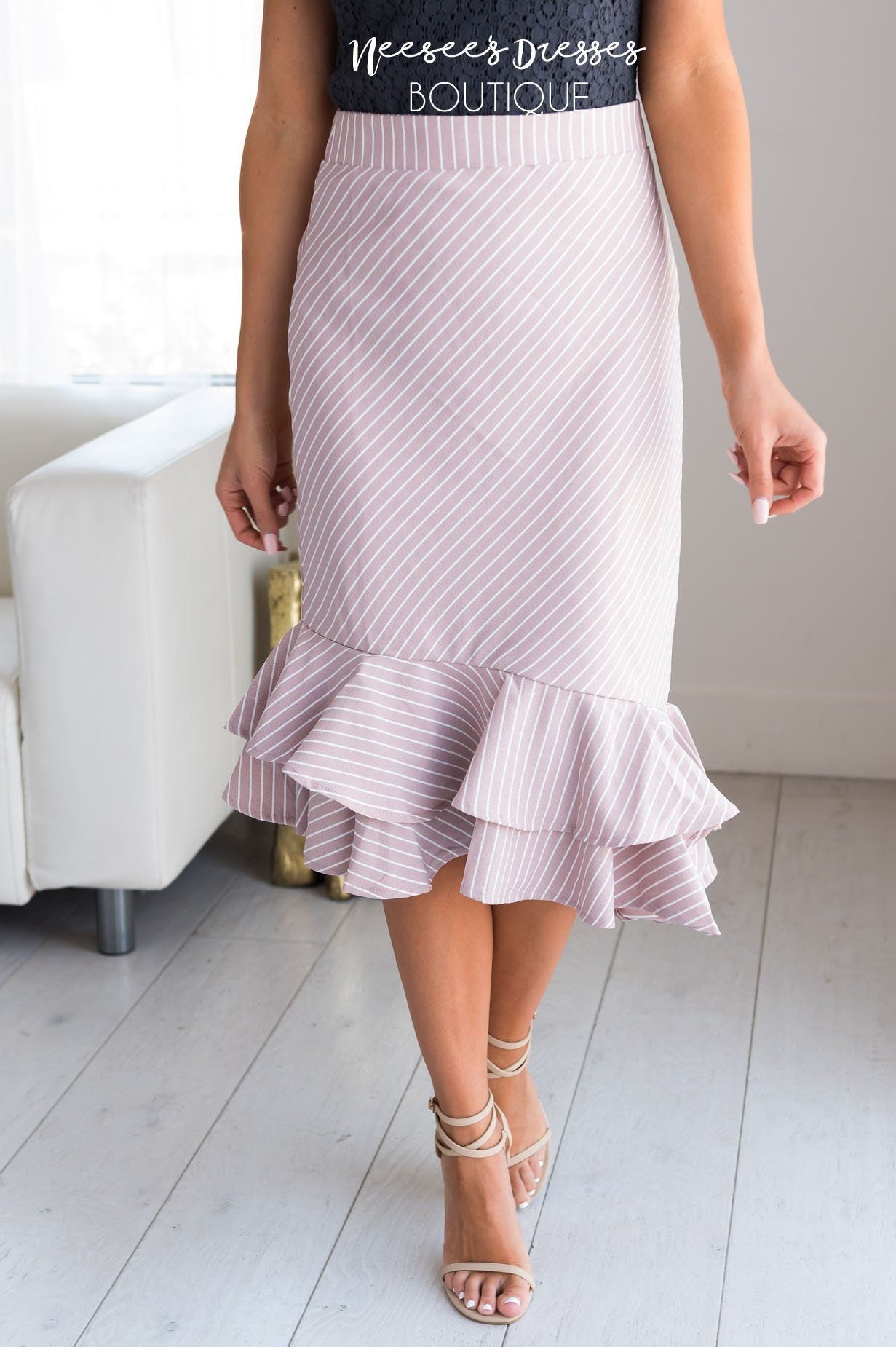 Striped Asymmetric Ruffle Hem Pencil Skirt Skirts vendor-unknown 