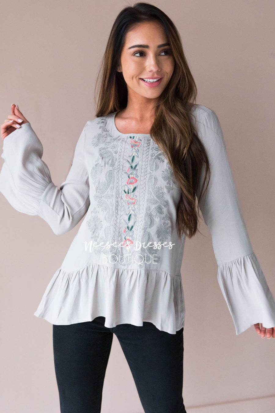 Forever Loved Embroidered Bell Sleeve Blouse Tops vendor-unknown 
