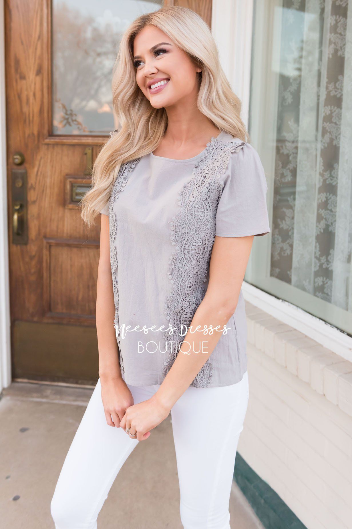Darling Crochet Detail Modest Blouse Tops vendor-unknown 