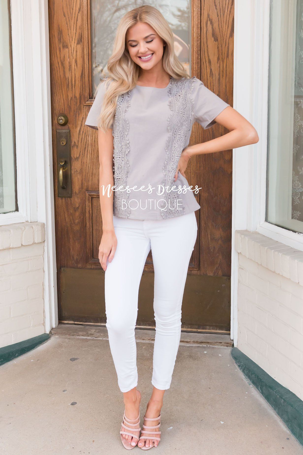 Darling Crochet Detail Modest Blouse Tops vendor-unknown 