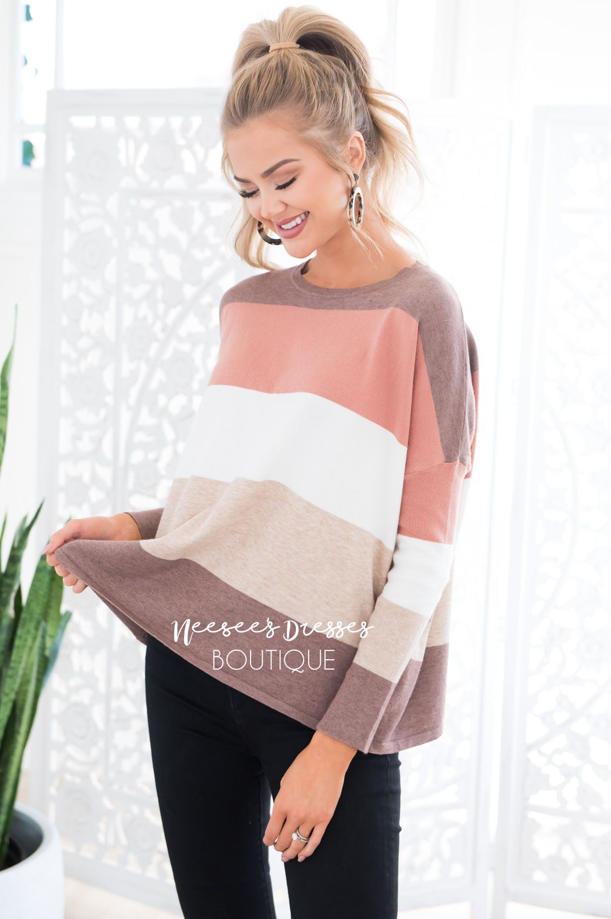 Hot Cocoa and Cream Block Sweater Modest Dresses vendor-unknown 