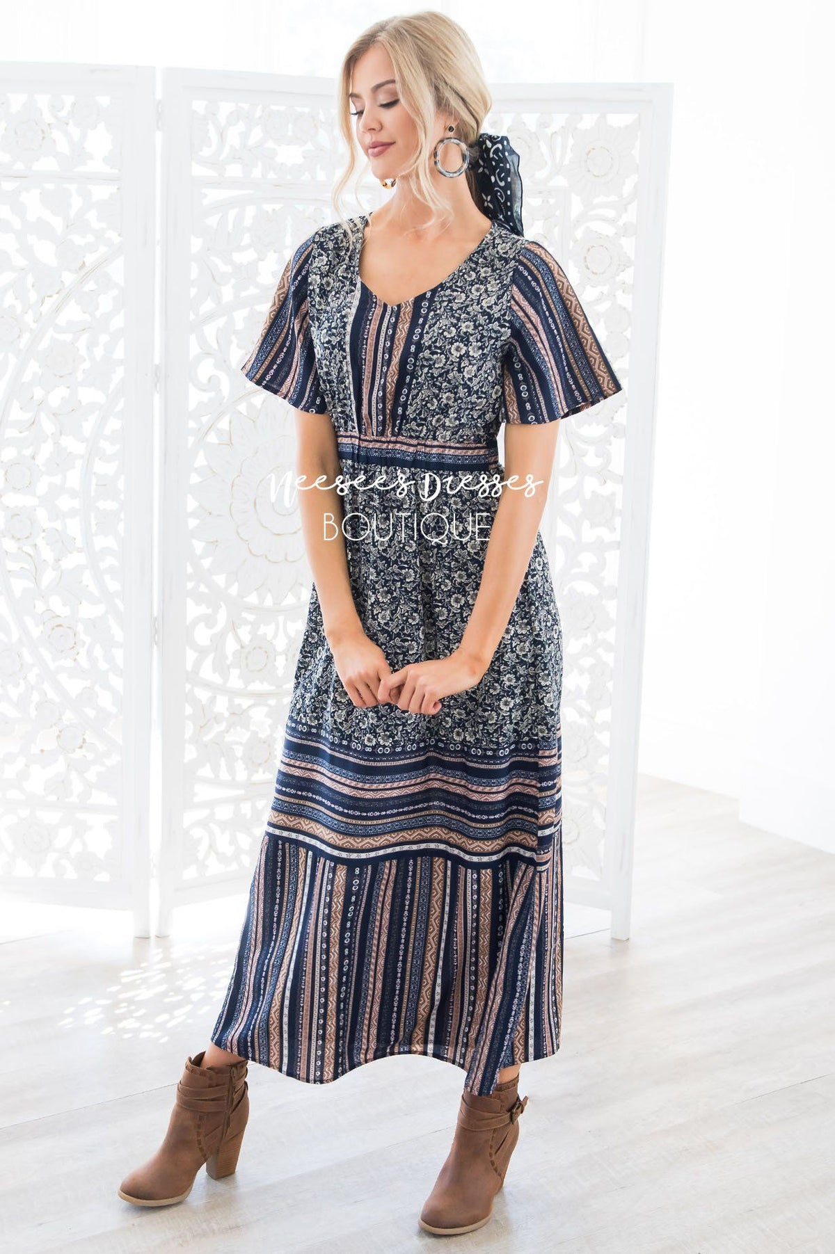 Navy Mixed Floral Modest Dress | Best and Affordable Modest Boutique ...