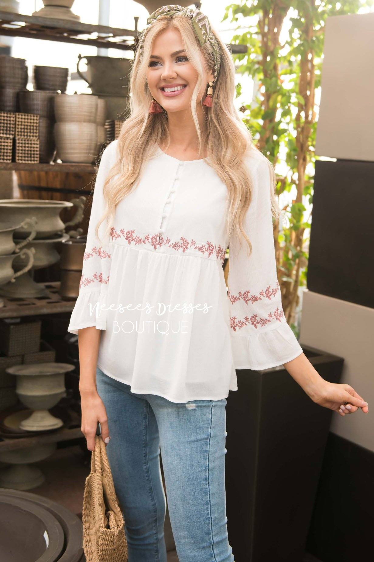 Ivory Flounce Embroidered Blouse Tops vendor-unknown 