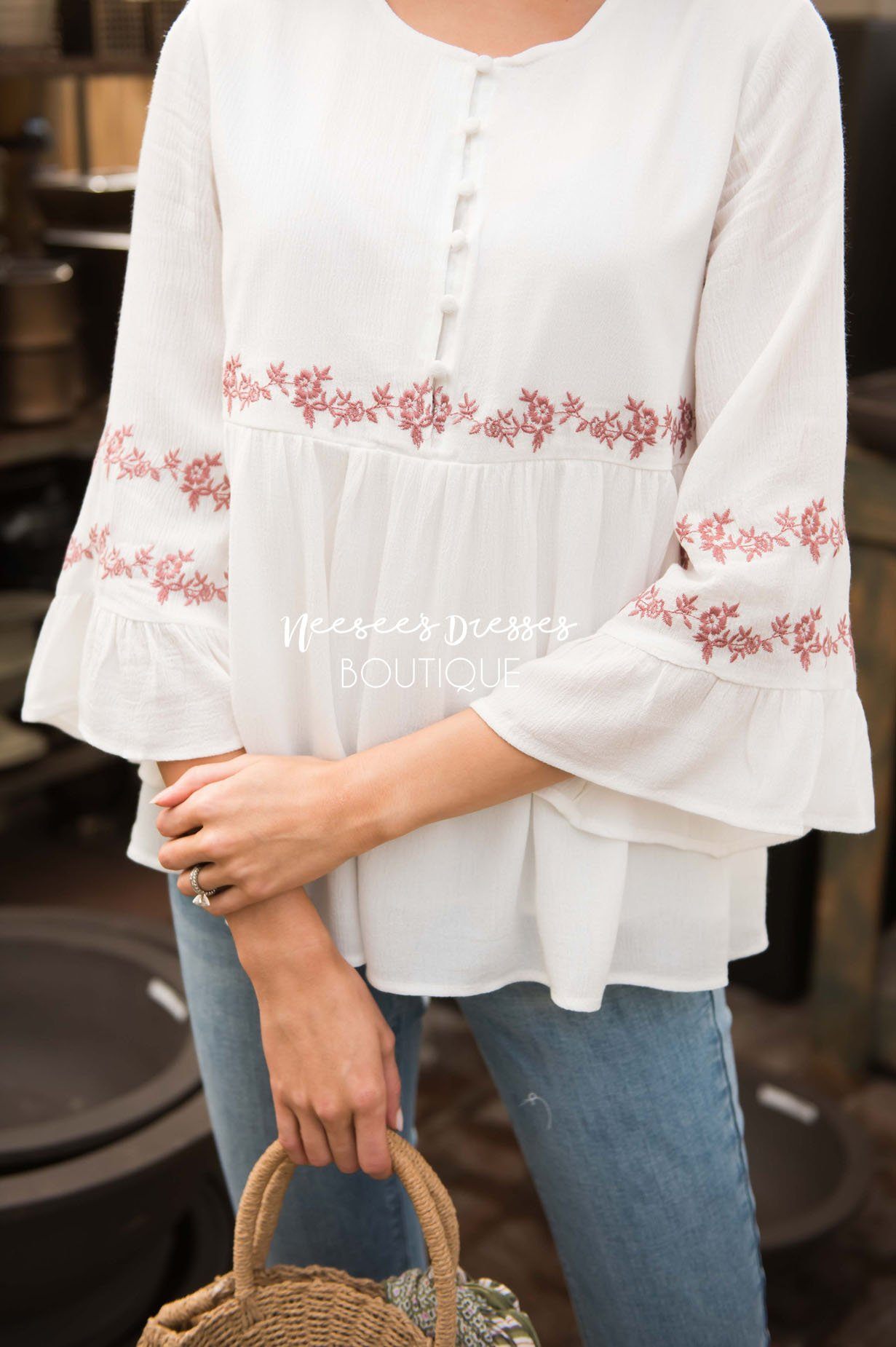 Ivory Flounce Embroidered Blouse Tops vendor-unknown 