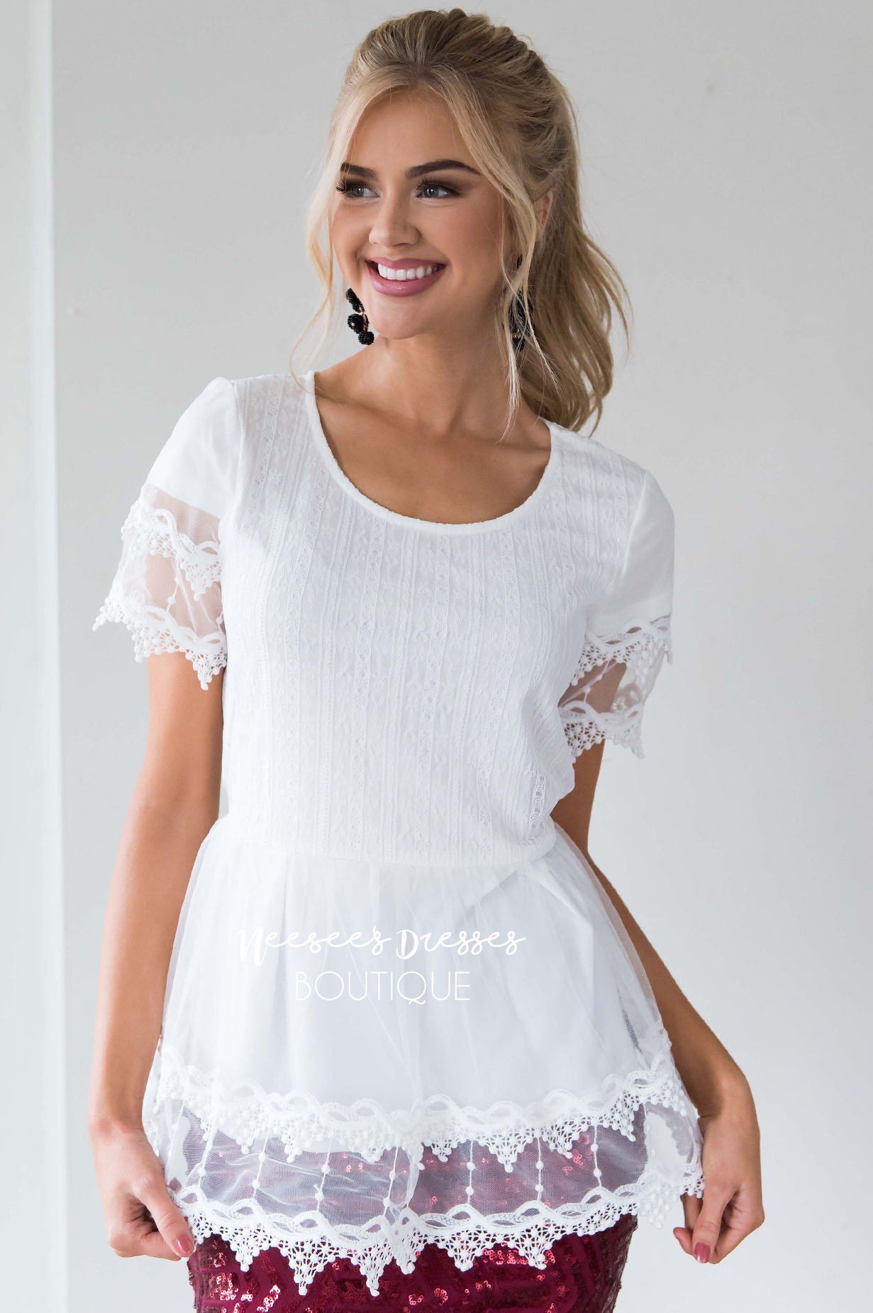 Scallop Lace Tulle Peplum Blouse Tops vendor-unknown 