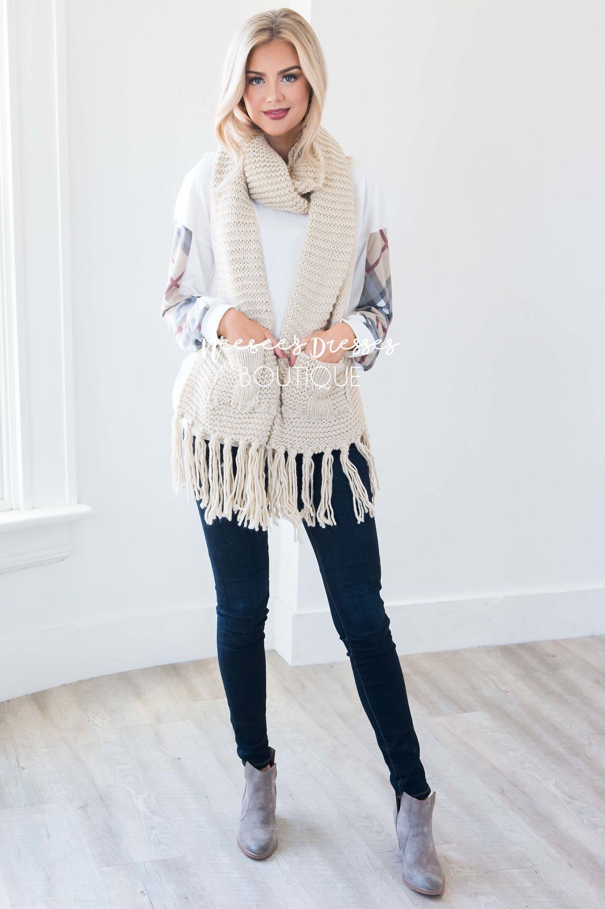 Fireside Flair Plaid Sleeve Sweater Tops vendor-unknown 