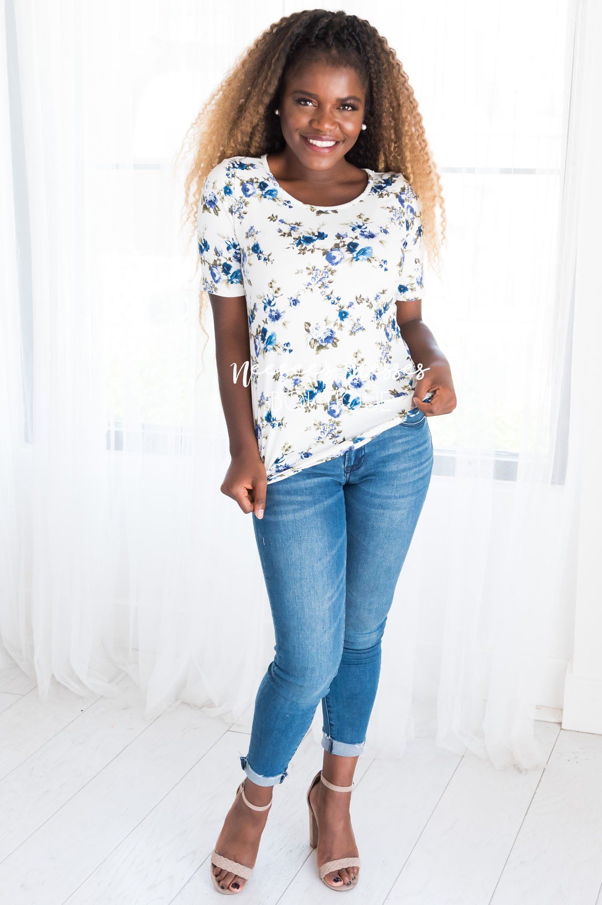 Floral Scoop Neck Tee Tops vendor-unknown 
