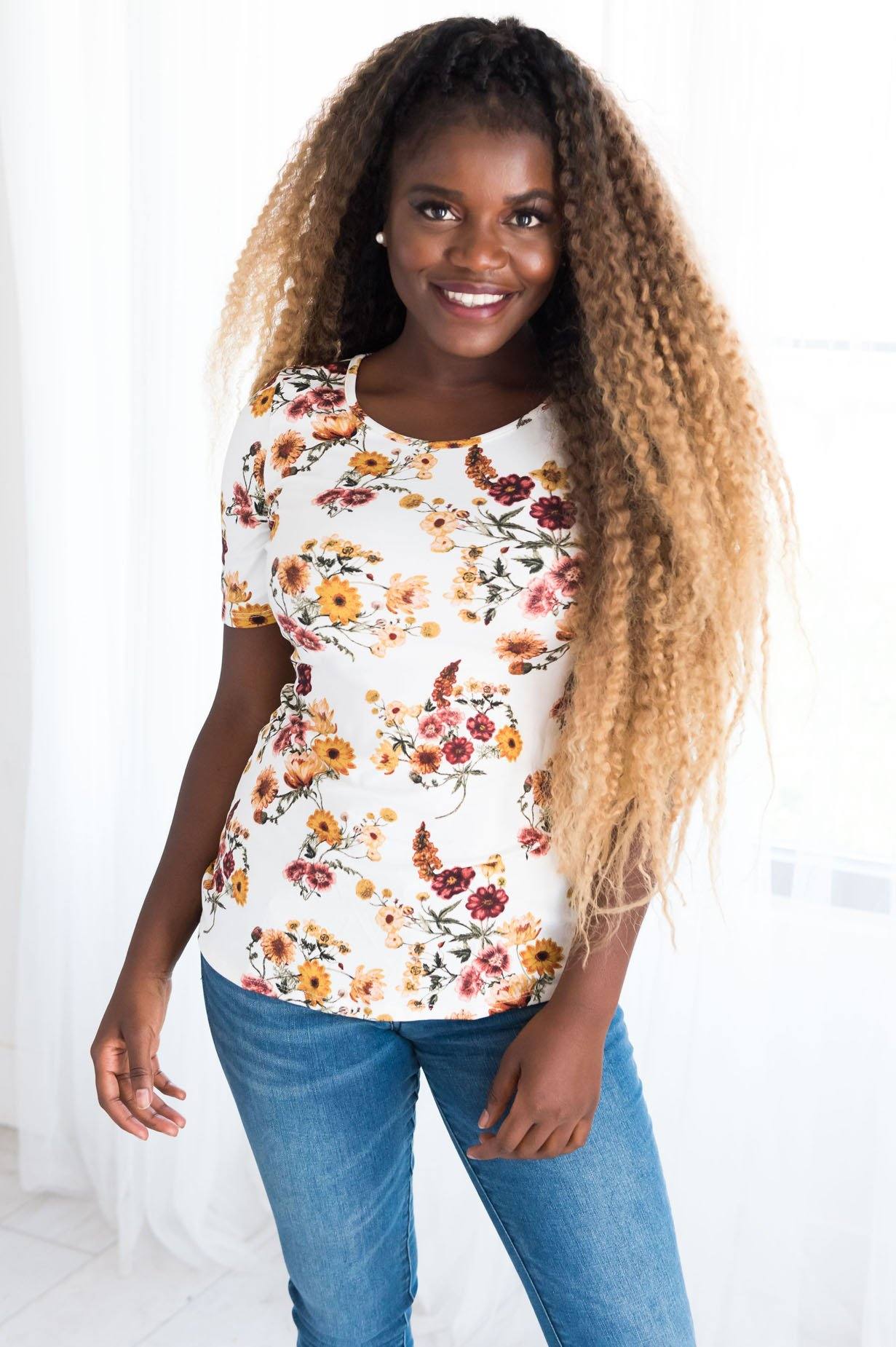 Floral Scoop Neck Tee Tops vendor-unknown 