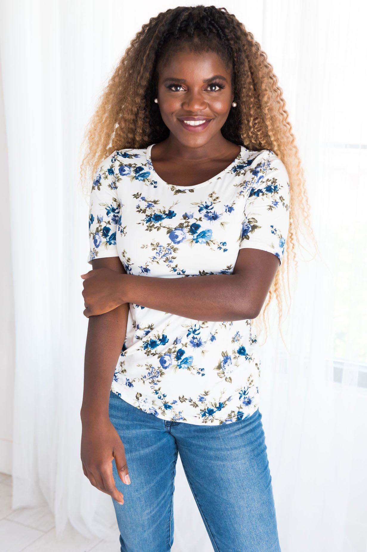 Floral Scoop Neck Tee Tops vendor-unknown 